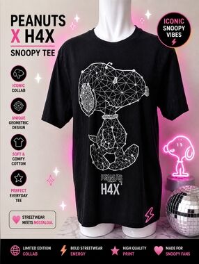 Peanuts x H4X‎ Snoopy Graphic Tee Black Geometric Streetwear Collab Shirt Unisex